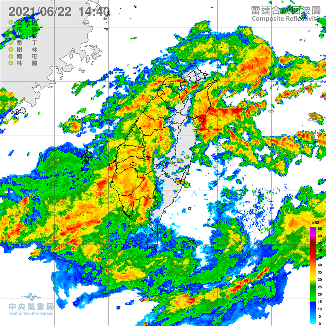 鋒面加西南風影響，15縣市豪大雨。（翻攝自氣象局）