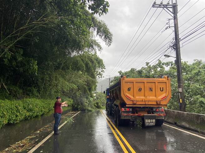 东势区东关路4段路树倒塌，造成双向阻塞通行。。（民眾提供／陈淑娥台中传真）