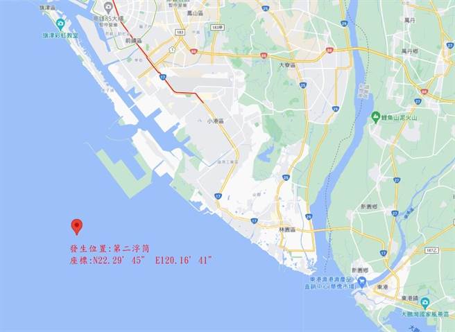 中油大林炼油厂2号输油管漏油，图为输油泄漏位置示意图。（海保署提供／林瑞益高雄传真）