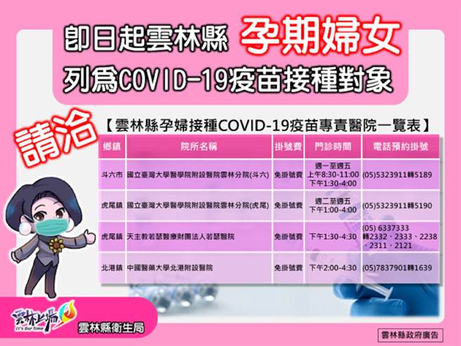 云林县孕妇可至县内3家医院，公费接种莫德纳或AZ疫苗。（云林县政府提供／张朝欣云林传真）