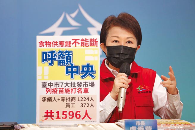 台北農產運銷公司爆發新冠肺炎群聚感染，由於台中市也有7大批發市場，市長盧秀燕21日呼籲中央將批發市場人員優先納入疫苗施打對象。（台中市政府提供）