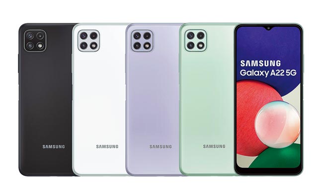 三星Galaxy A22 5G，4GB+64GB版共推出松墨霧、冰河霧、薄荷霧3色，定價6990元，預計6月下旬起在各指定通路陸續上市；另有4GB+128GB版的松墨霧、薰衣霧2色，定價7990元，預計7月中旬陸續上市。（三星提供）