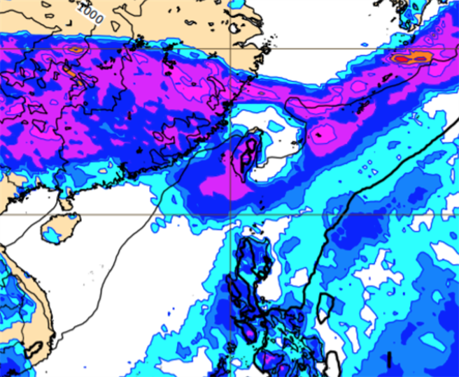 最新欧洲模式模拟下周二（29日）20时地面气压及雨量图显示，「西南季风」影响，迎风面中南部有明显降雨。（翻摄自ECMWF）