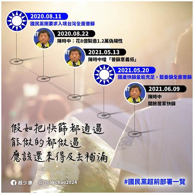 國民黨去年就提出入境普篩，直到今年五月疫情爆發，政府才決定開放民眾自行快篩以及入境普篩。（圖／摘自趙少康臉書）