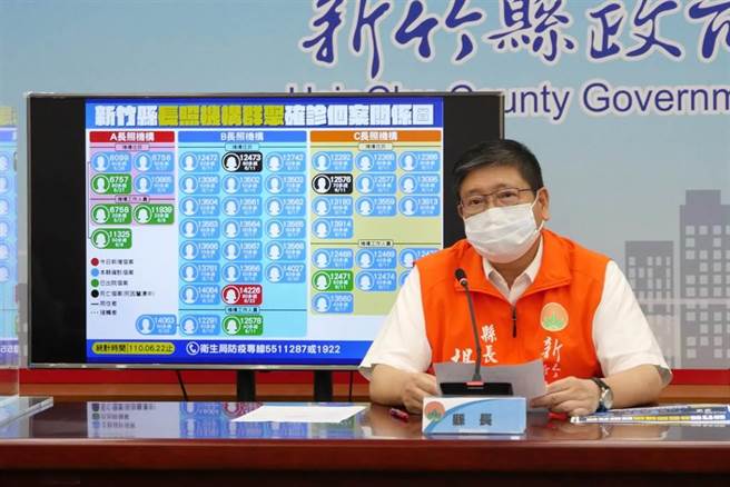 新竹縣長楊文科23日說明縣內疫情狀況，新增9人確診。（莊旻靜攝）