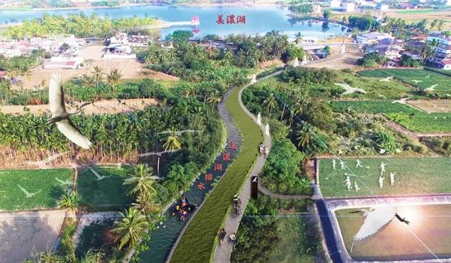 「美浓湖排水」全长约2公里，上游衔接美浓湖水库，沿着湖畔设有单车步道，是民眾假日骑车、散步、赏鸟的好去处。（高雄市水利局提供／林瑞益高雄传真）