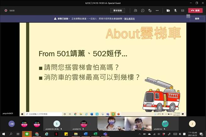 佳里区仁爱国小视讯课邀请消防员当上课嘉宾，小朋友也事先提出问题。（台南市消防局提供／刘秀芬台南传真）