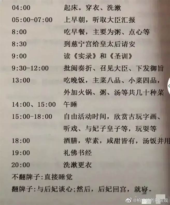 陆网疯传雍正作息表。(取自微博)