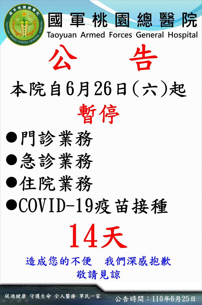 国军桃园总医院爆30人确诊，宣布从今(26日)起，门诊、急诊、住院以及疫苗接种的相关业物通通暂停14天。（图／翻摄自国军桃园总医院）