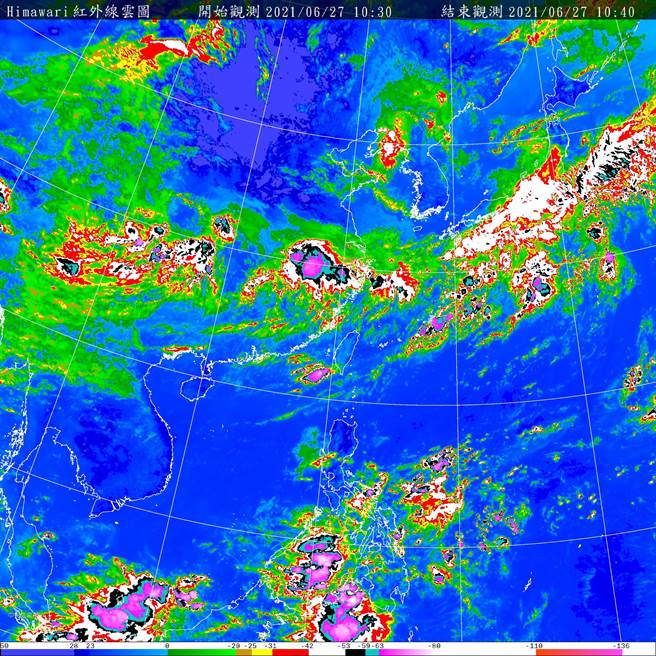 今(27)日西南風增強影響，南部地區容易出現陣雨或雷雨，當對流發展旺盛時，容易出現短延時強降雨及局部大雨，南部甚至有局部豪雨發生的機率，中部及苗栗地區也有機會出現陣雨或雷雨，不過較為局部且短暫，其他地區則為多雲到晴。（取自氣象局）