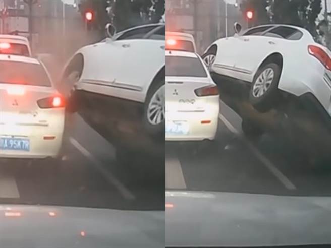 1辆白车疑似因超车未算好车速与距离，竟在跨越车道时，遭2车道的车辆「夹击」，左车身当场被抬高，场面相当惊险。（图／翻摄自脸书社团「八卦村－行车纪录器影片上传中心」）