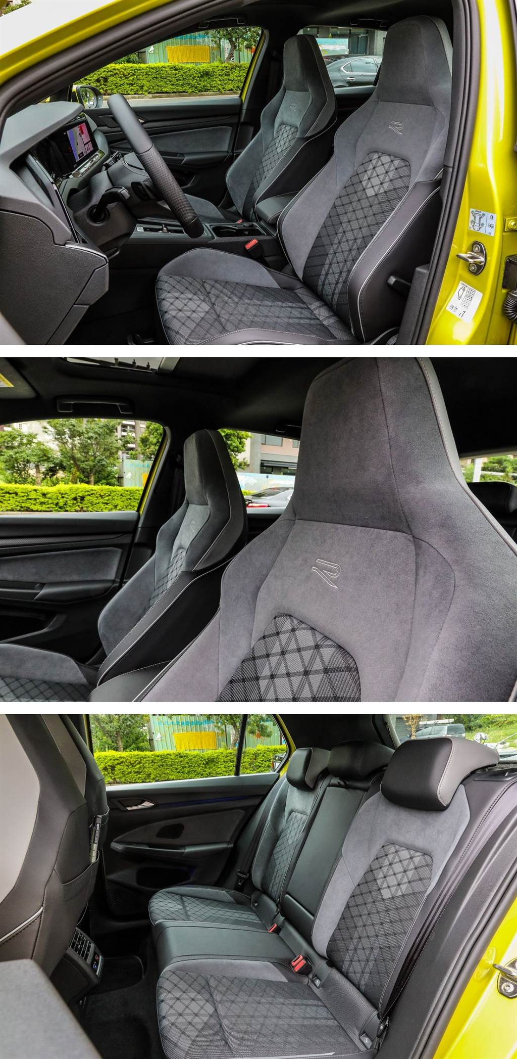 上方的圖片是此次試車所配置的前座椅背較厚的類麂皮/織布跑車型座椅，因為是R-Line車型，還在座椅上端有著R字樣的繡字，乘坐質感優異。