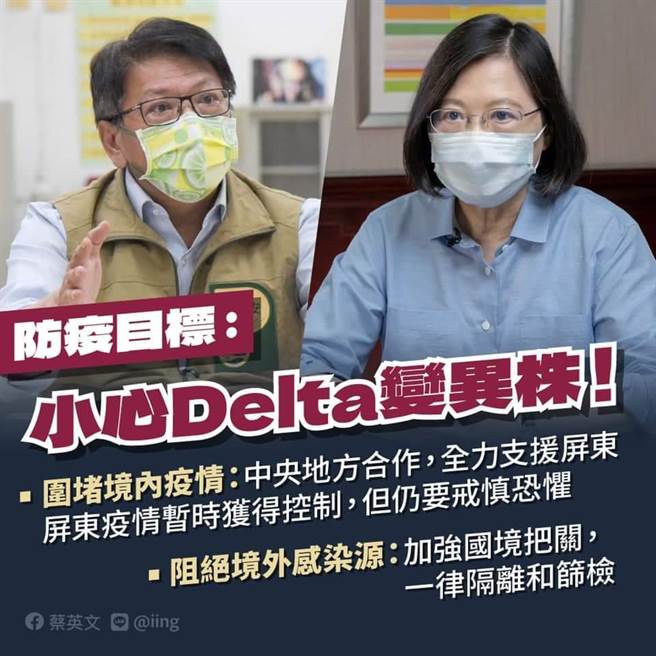 印度變種病毒襲台，蔡英文宣示現階段防疫目標。取自蔡英文臉書