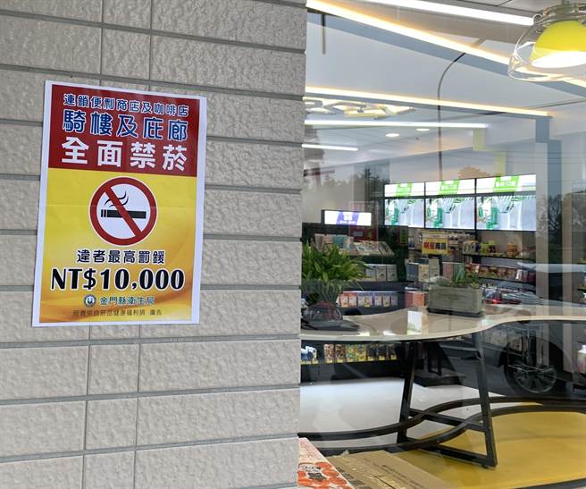 金门县卫生局在连锁超商及咖啡店骑楼张贴禁菸公告。（金门县卫生局提供）