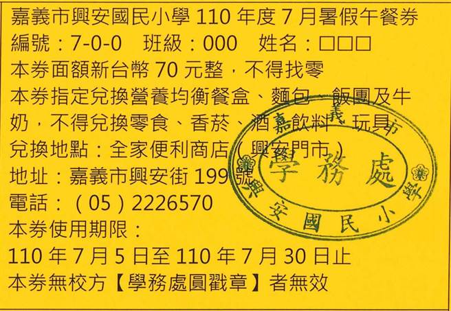 因应物价上涨和严峻疫情，嘉义市政府决定7月5日起，将原有午餐券金额由每餐50元调高至每餐70元。（嘉义市政府提供∕吕妍庭嘉义传真）