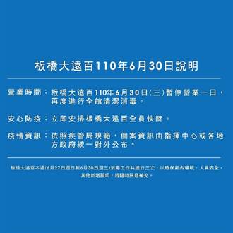 板橋大遠百櫃員確診 昨提早閉館、今休館清消