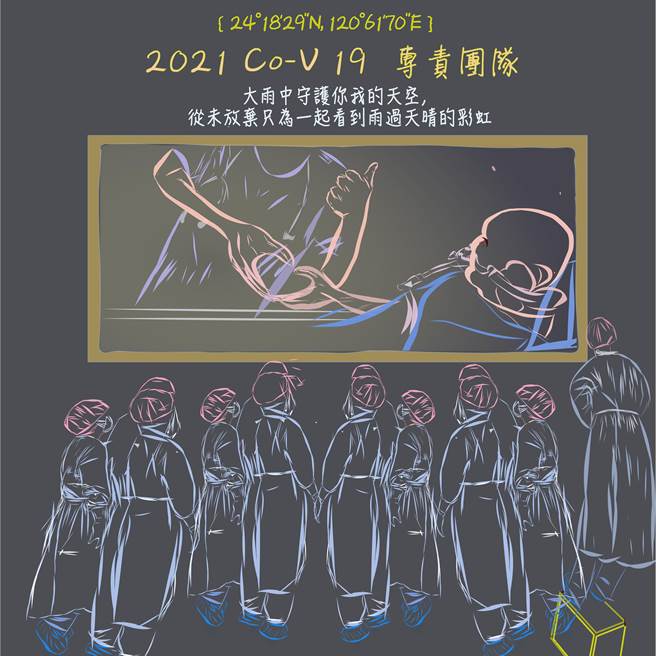 澄清醫院住院醫師曾依晴用筆繪出澄清新冠肺炎專責團隊。（澄清醫院提供／馮惠宜台中傳真）