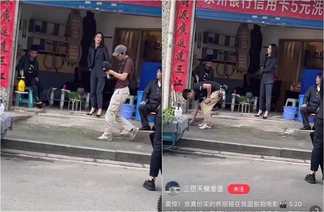 野生佟丽娅现身街头拍戏。（图／取材自新浪娱乐）