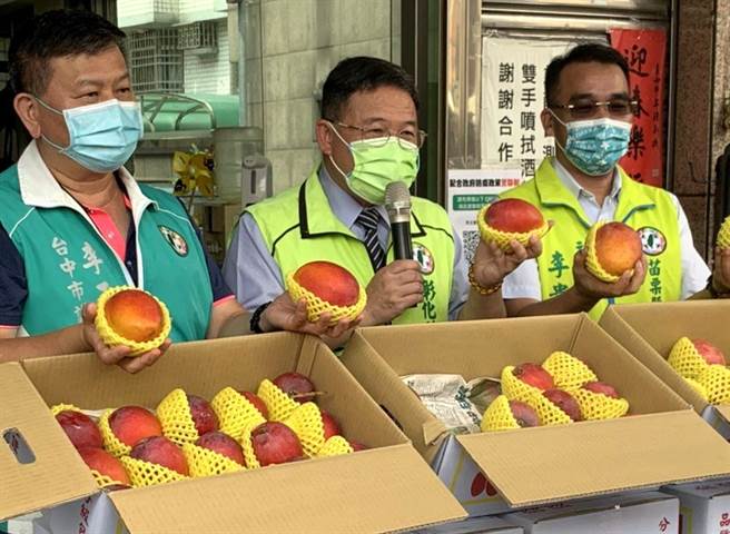 民進黨全國主委聯誼會會長邱建富（中）號召全國黨部「採買屏東與台南芒果、用行動相挺果農」。（王文吉攝）