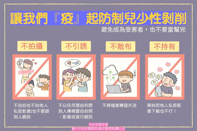 警方教导青少年3不要点，不传裸照、裸体视讯、不视讯性爱、不提供过多资料给网友。（台中市警察局提供／张妍溱台中传真）