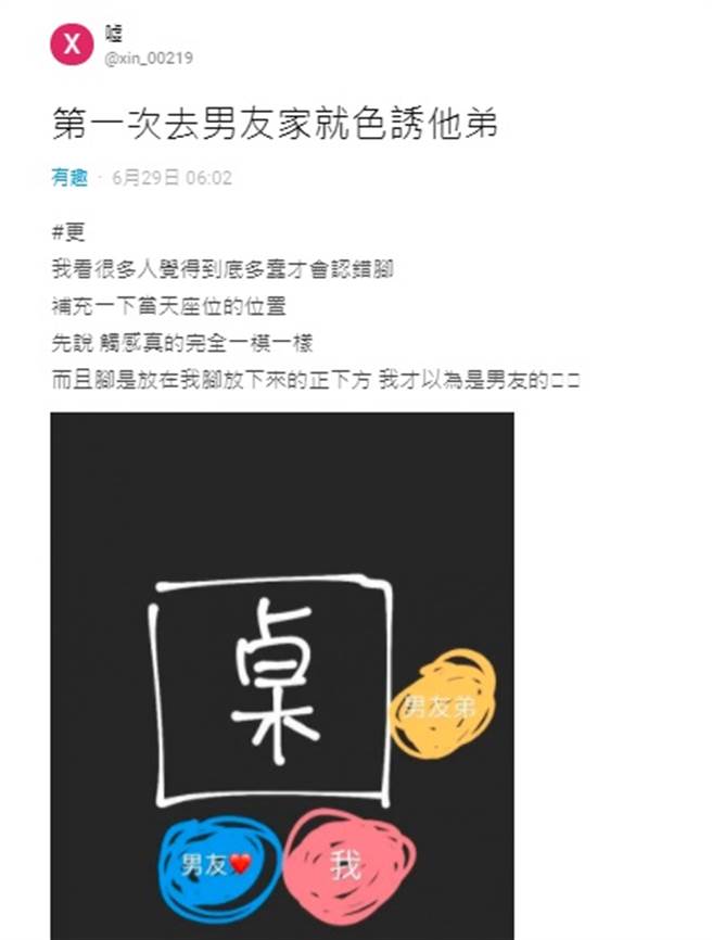 女網友平時習慣坐男友旁邊時，會用腳「噜」對方的腳背，沒想到她日前這麼做後，男友的弟弟突然站起來，她才意識到她「嚕」到男友弟弟的腳。（翻攝自Dcard）