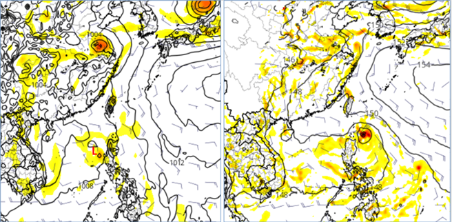 最新欧洲(ECMWF)模式模拟显示，下周一(5日)有热带系统通过吕宋岛附近，进入南海(左图)；美国(GFS)模式模拟的位置则在吕宋岛东北方，强度略较欧洲模拟强(右图)。(图撷自tropical tidbits)

