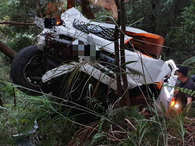 白色休旅车倒栽葱墬落道路下方15公尺深山谷，被树干挡住。（民眾提供／王文吉台中传真）