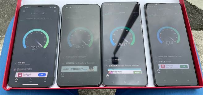 iPhone 12 Pro、realme X50 5G、三星Galaxy S20 Ultra、Sony Xperia 1 II是6月5G測速專題使用的5G手機。（黃慧雯攝）
