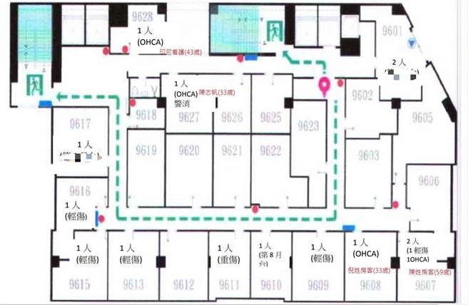 喬友大樓惡火，導致7至9樓百香果防疫商旅中居家檢疫住客受困，有3人死亡，另有1名消防員殉職；4人受困位置都在9樓。（彰化縣衛生局提供／謝瓊雲彰化傳真）