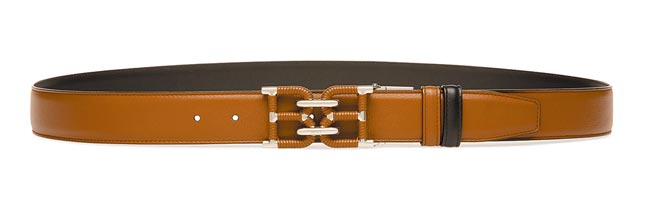 BALLY 咖啡色B-CHAIN金屬編織裝飾牛皮皮帶，1萬5600元。（BALLY提供）