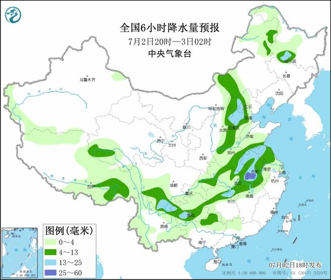 未来3天大陆将出现大面积的暴雨至特大暴雨的云雨带，从西南的贵州一路往东北方向延伸至山东一带，大陆中央气象台呼吁注意暴雨与泥石流灾害。（图／大陆中央气象台）