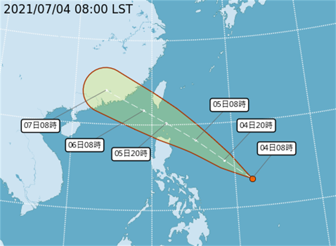 氣象局今早宣布熱帶性低氣壓生成，最快明天增強為第6號颱風「烟花」，明晚暴風圈有機會進入海警範圍，最快明晚發東南部、恆春半島一帶海警，且不排除發陸警。（翻攝自 氣象局）