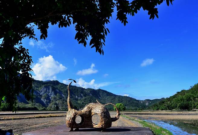阿美族藝術家伊祐噶照創作的「貓咪種子」，靜靜躺臥在鹿野鄉后湖社區田野間。（莊哲權攝）
