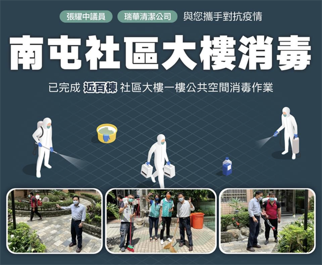 市議員張耀中在臉書po文說，希望能夠為防疫貢獻心力，利用「二氧化氯」為大樓社區一樓公共空間進行環境消毒，目前已完成近百棟的社區大樓一樓公共空間消毒作業。（翻攝自張耀中臉書）