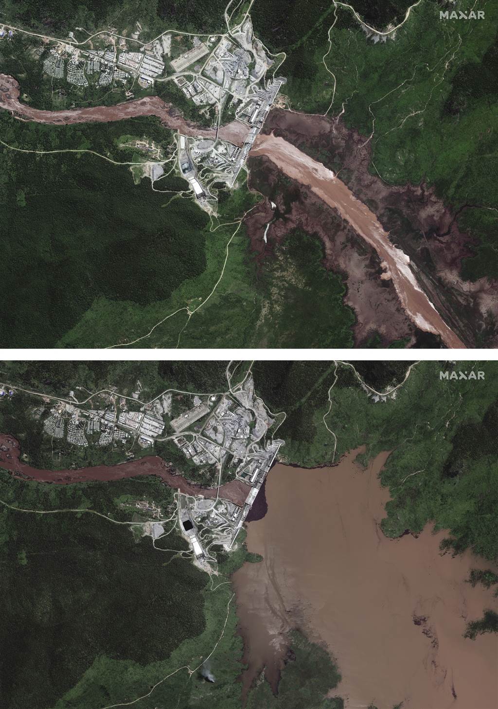 衣索比亚大坝的空照图，建造前后已出现明显差别。(图/美联社)(photo:ChinaTimes)