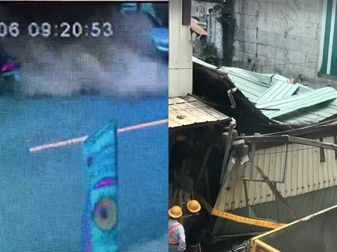 台中市潭子區一處磚造加鋼架鐵皮2樓住宅，今（6日）清晨6點多突然倒塌，一度將民宅後方的1對母女困住，所幸事後被警消救出，坍塌屋瓦將一旁轎車壓毀。(王文吉翻攝/台中傳真)