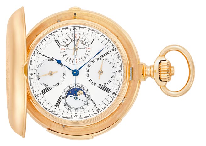 江诗丹顿骨董表登台，一只1901年Ref. Inv. 10705三问计时万年历骨董怀表，约535万元，是拍卖会等级的稀世之作。（Vacheron Constantin提供）