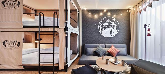 捷丝旅十鼓馆「鼓趣客房」设有上下舖四床，三五好友能保有各自隐私睡眠空间，并体验背包客的乐趣。（图／晶华酒店集团）