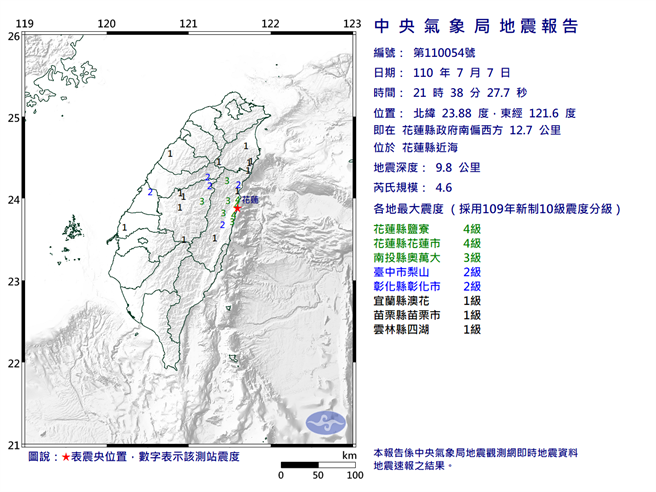 21:38花莲县近海发生规模4.6地震。(图／气象局)