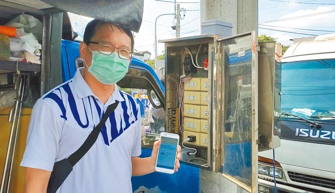 雲林縣府計畫處長李明岳在西螺鎮東南市場裝3個人流天線，電箱下方的灰色小盒子即是。（周麗蘭攝）