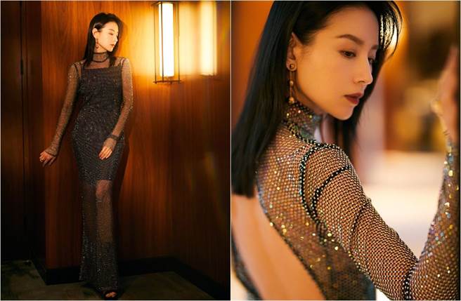 董洁曝光礼服照，挖洞透视布料加上背后开大U，展现反差性感。(取材自董洁微博)