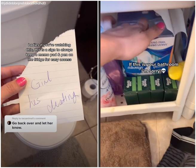 女網友在浴室中留下紙條，提醒正宮與可能無辜成為小三的女性。（圖／TikTok＠jdidnbbnjnsbbbrjdididhd0）