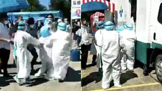 有医护人员疑似穿兔宝宝装替民眾筛检而中暑，全身瘫软、无法自己行走。（图／爆料公社）