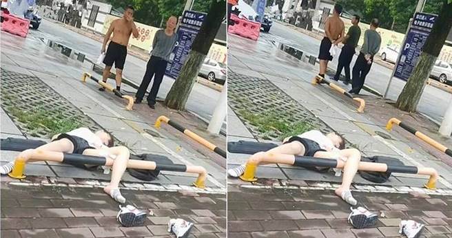 福建一名年轻女子双腿大开醉倒路边酣睡，一旁围观的阿伯迟迟不敢上前帮忙，担心帮了她后会招人误会，惹上是非。（图／翻摄自微博）