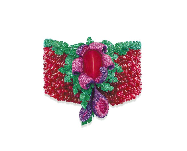 花朵风红宝石颈炼，颂讚大自然之美。（CHOPARD提供）