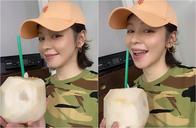 徐若瑄晒喝椰子水的六连拍，证明身体状况好转。（图／取材自徐若瑄 Vivian Hsu脸书）