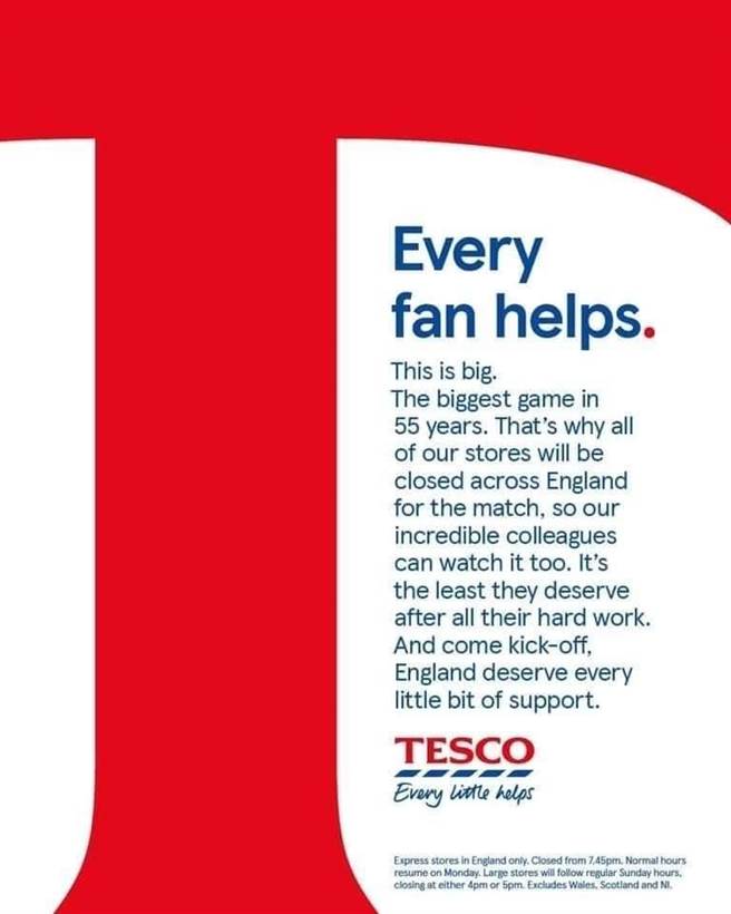 英國大型連鎖超市宣布英格蘭所有店面在歐國盃決賽期間店休。（取自網路）