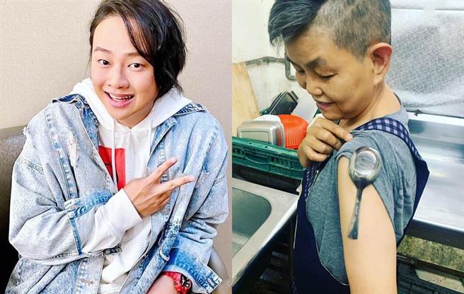 赖铭伟妈妈打完疫苗，手臂能吸附铁汤匙。（图／fb@赖铭伟）