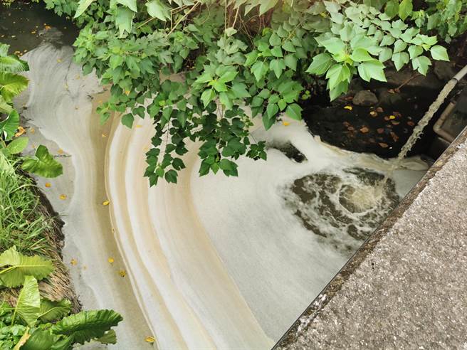 民眾爆料不肖厂商将脂肪尸油与废水直接倒入沟渠，造成水面浮着厚油污，还有整片白色泡沫与咖啡色油渍，爆料者自嘲「屏东特有糖玛奇朵」。（图／翻摄自脸书「爆料公社二社」）