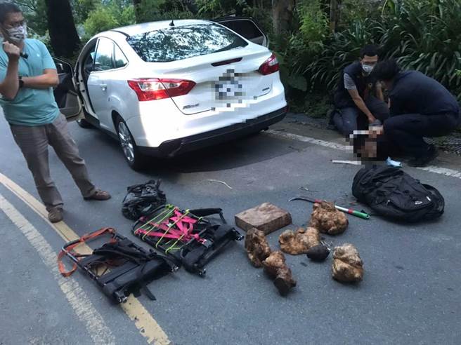 警方逮捕越南籍阮姓外籍逃逸移工等3人，起出价值300万的树瘤以及扁柏。（图/警方提供）